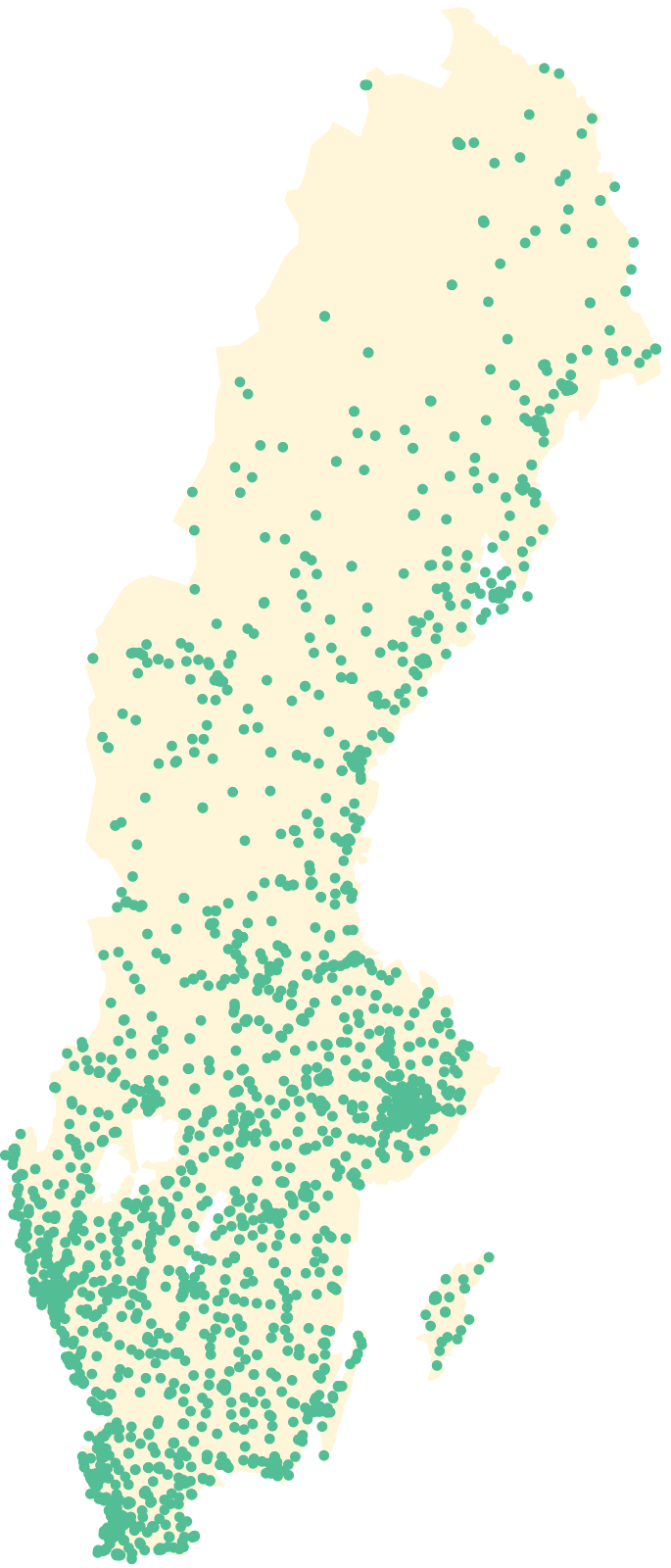 En siluett av Sverige med en prick för varje butik som fanns under 2021